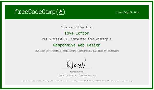 Picture of free code camp certificate