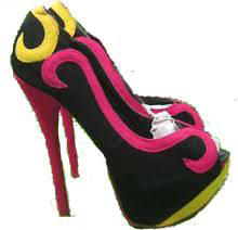 black, yellow, and pink heels